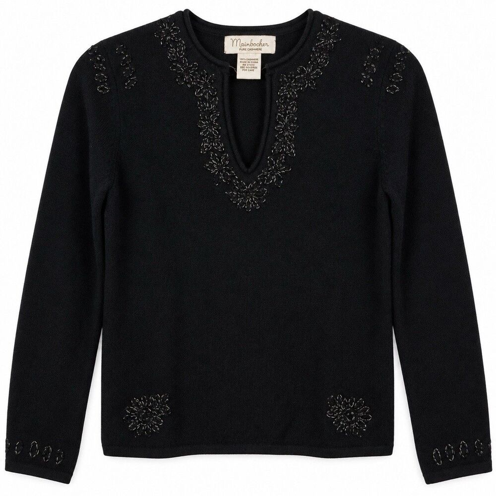 Mainbocher Womens Small 100% Cashmere Sweater Black Beaded Embellished V Neck